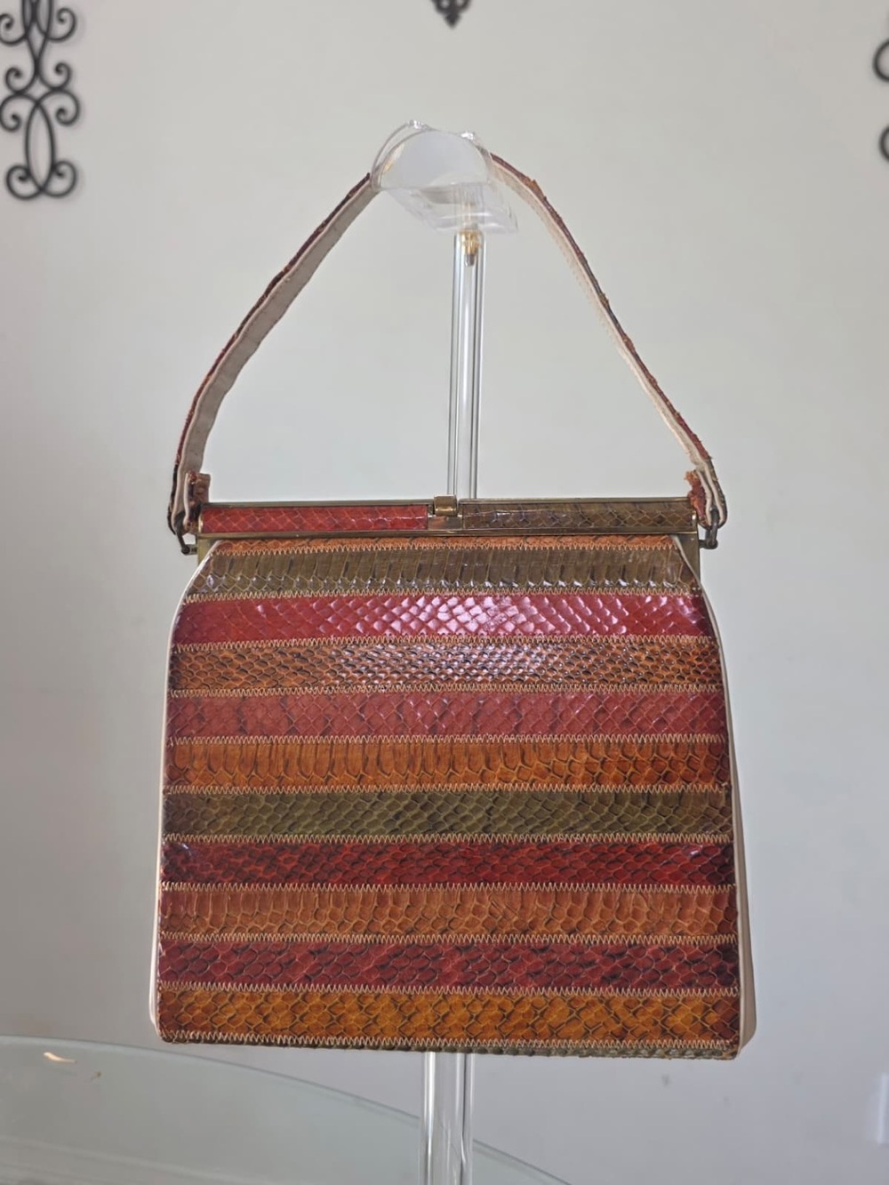 vintage multi-colored patchwork snakeskin frame handbag